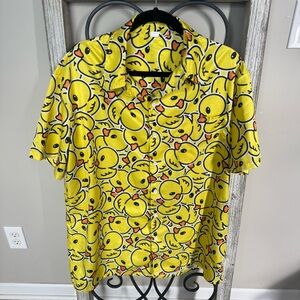 Rubber Duck Print Button-Up‎ Shirt Yellow Novelty Cartoon Ducks Size L